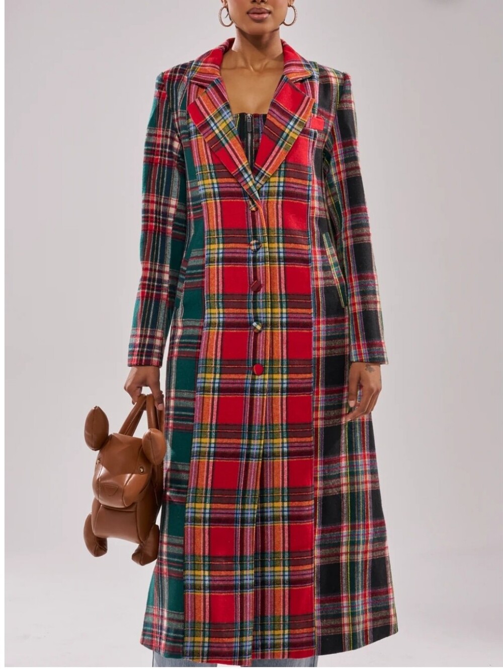 NWT Akira Talk to Me nice Patchwork Plaid Faux Wool Long Trench Coat Women's M